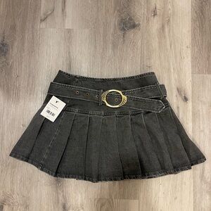 Denim Pleated Mini Skirt with Belt. Tenshoppe